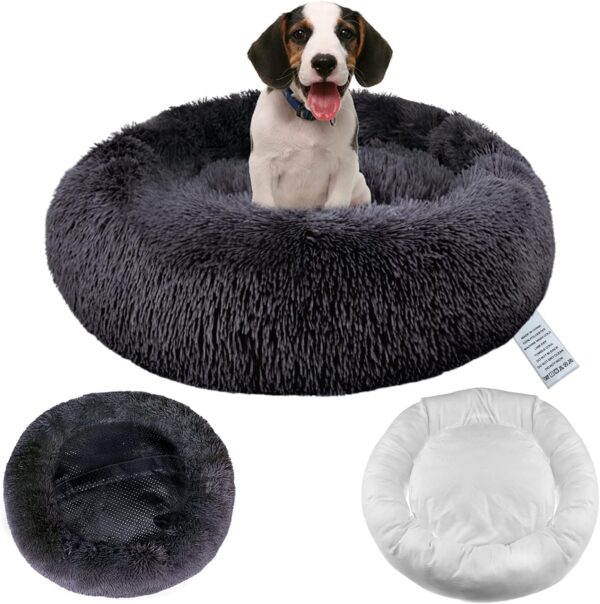 Calming Dog Bed with Removable Cover, Washable Donut Anti Anxiety Dog Beds, Soft Round Cuddler Cat Bed, Fluffy Plush Comfy Warm Puppy Pet Bed with Zip for Small Medium Dogs, 50cm Dark Grey