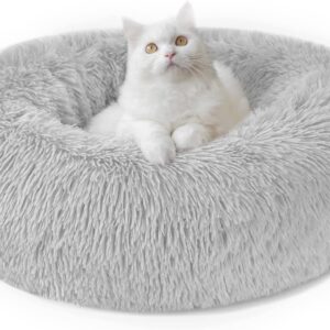 Calming Dog Cat Donut Bed - 19.7in Fluffy Plush Puppy Kitten Cuddler Round Bed, Warm and Soft Pet Cosy Anti Anxiety Beds with Non-Slip Bottom and Washable (M-50CM, Grey)