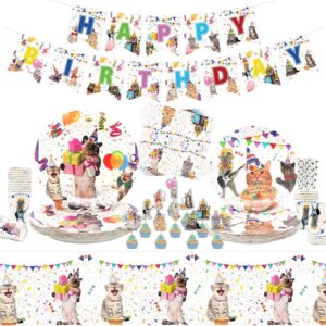 Cat Birthday Party Supplies Decorations Set - Kitten Dinnerware - Happy Birthday Banner Plates Napkins Cups Tablecloths Straw Cupcake Toppers - Serves 20