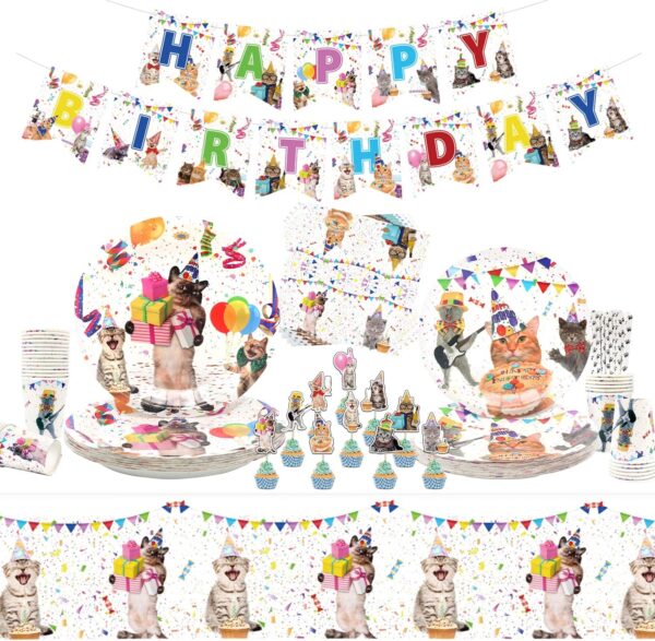 Cat Birthday Party Supplies Decorations Set - Kitten Dinnerware - Happy Birthday Banner Plates Napkins Cups Tablecloths Straw Cupcake Toppers - Serves 20