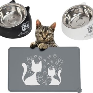 Cat Bowls Cat Food Water Bowl Cat Food Mat Wipe Clean Feeding & Watering Supplies for Cats Raised Cat Bowl Cat Feeding Mat Bowl Cat Accessories Kitten Bowls (Grey + Black + White)