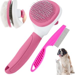 Cat Brush for Shedding and Grooming, Pet Self Cleaning Slicker Brush with Cat Hair Comb by ZITSMS(Pink)