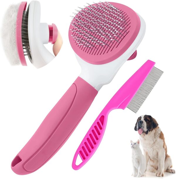 Cat Brush for Shedding and Grooming, Pet Self Cleaning Slicker Brush with Cat Hair Comb by ZITSMS(Pink)