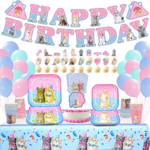 Cat Party Supplies Set, Kitten Dinnerware Including Happy Birthday Banner Macaron Balloons Dinner Plates Dessert Plates Napkins Cups Cutlery Cupcake Toppers - Serves 20