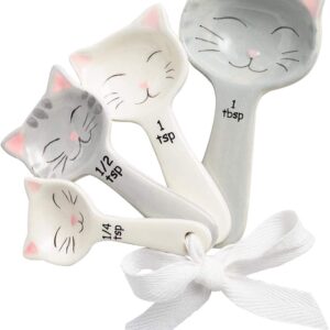 Cat Shaped Ceramic Measuring Spoons with White Ribbon - Cat Lover Gifts for Women - Cat Kitchen Accessories & Baking Measuring Tools - Durable & Cute Baking Supplies for Cat Lovers (Set of 5)