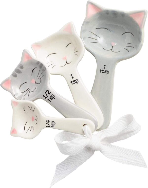 Cat Shaped Ceramic Measuring Spoons with White Ribbon - Cat Lover Gifts for Women - Cat Kitchen Accessories & Baking Measuring Tools - Durable & Cute Baking Supplies for Cat Lovers (Set of 5)