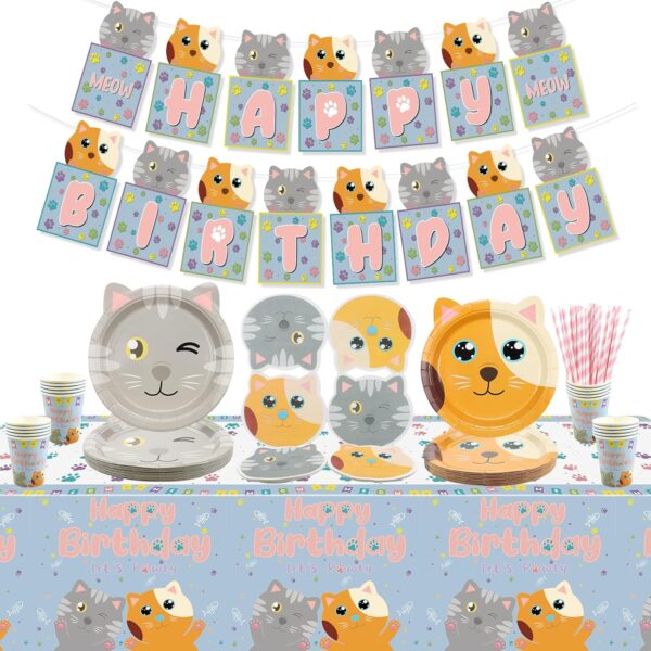 Cat Theme Party Decorations, Includes Cat Happy Birthday Banner, Paper Plates, Tablecloth, Napkins, Cups for Kids Birthday Party Decorations, Kitten Theme Party Supplies, Serves 20 Guests