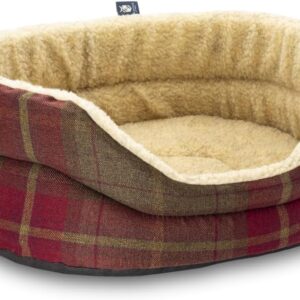 Clearspell Pet Luxury Snug Fleece Lined Oval Dog Bed 6 Sizes in our Avondale Signature Tartan Brown-Burgundy-Rust Size Medium - 61cm x 53cm