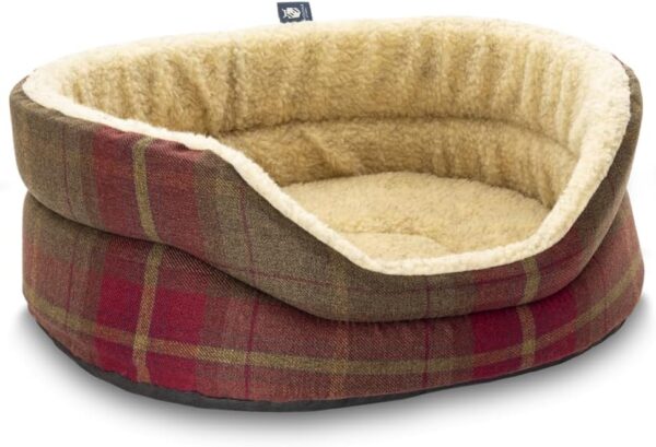 Clearspell Pet Luxury Snug Fleece Lined Oval Dog Bed 6 Sizes in our Avondale Signature Tartan Brown-Burgundy-Rust Size Medium - 61cm x 53cm