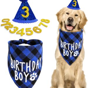 Cobee Dog Birthday Bandana Hat Number Set, 10 Pieces Dog Boy Birthday Party Supplies Pet Bandana Party Bling Hat with 8 Glitter Number for Small Medium Large Dogs