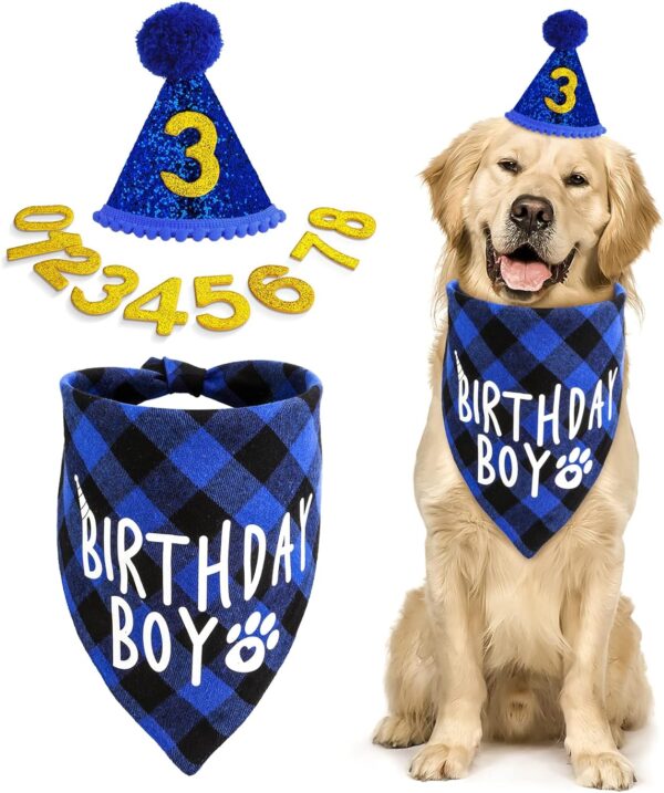 Cobee Dog Birthday Bandana Hat Number Set, 10 Pieces Dog Boy Birthday Party Supplies Pet Bandana Party Bling Hat with 8 Glitter Number for Small Medium Large Dogs