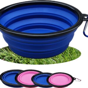 Collapsible Travel Dog Bowl Portable Large Or Small Pet Water and Food Feeding Bowl Outdoor Easy To Carry With Hook Blue or Pink (Blue Large)