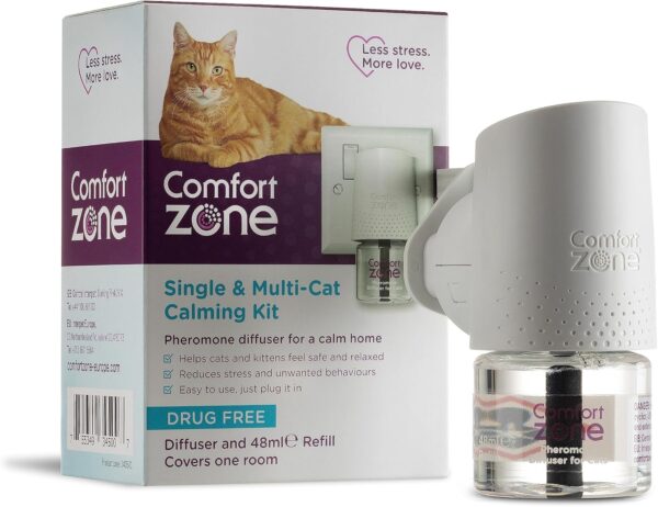 Comfort Zone Calming Pheromone Diffuser Starter Kit, for a Calm Single or Multi-Cat Home, Reduces Stress, Spraying, Scratching & Other Problematic Behaviours, 1 Diffuser & 1 Refill