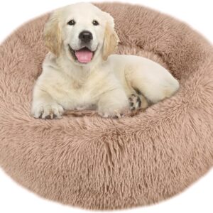 Comfy Calming Dog Beds Medium Washable,Anti Anxiety Donut Ped Bed,Luxury Warm Fluffy Improved Sleep Amazingly Cat Bed Cuddler,Anti-Slip Bottom Round Puppy Bed ​for Small Medium Cat Dog（L,Beige Brown）