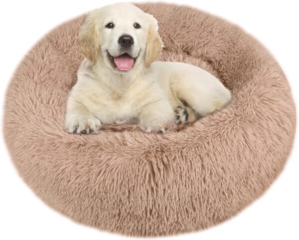 Comfy Calming Dog Beds Medium Washable,Anti Anxiety Donut Ped Bed,Luxury Warm Fluffy Improved Sleep Amazingly Cat Bed Cuddler,Anti-Slip Bottom Round Puppy Bed ​for Small Medium Cat Dog（L,Beige Brown）