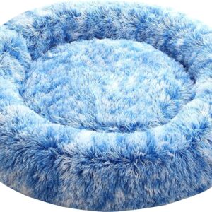 Comlax Calming Donut Dog Beds Small, Round Cushion with Removable Washable Cover, Anti-Anxiety Faux Fur Cuddler, Fluffy Comfy Furry Pet Bed (50cm, Blue)