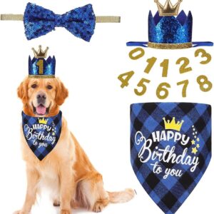 Crown Dog Birthday Hat,4PCS Cute Dog Birthday Hat and Bandana with Dog Bow Tie and Gold Numbers Reusable Dog Birthday Party Supplies for Pet Puppy Cats Small Medium Dogs (New Blue)