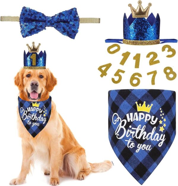 Crown Dog Birthday Hat,4PCS Cute Dog Birthday Hat and Bandana with Dog Bow Tie and Gold Numbers Reusable Dog Birthday Party Supplies for Pet Puppy Cats Small Medium Dogs (New Blue)