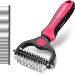 Dematting Comb for Dogs and Cats, OneCut Pet Grooming Rake and Brushes for Small, Medium & Large Dogs Double Sided Deshedding Tool Removes Knots and Tangled Hair (Red)