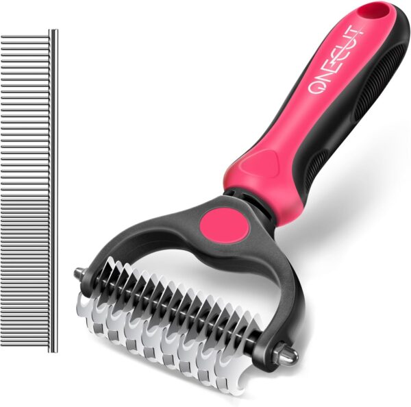 Dematting Comb for Dogs and Cats, OneCut Pet Grooming Rake and Brushes for Small, Medium & Large Dogs Double Sided Deshedding Tool Removes Knots and Tangled Hair (Red)