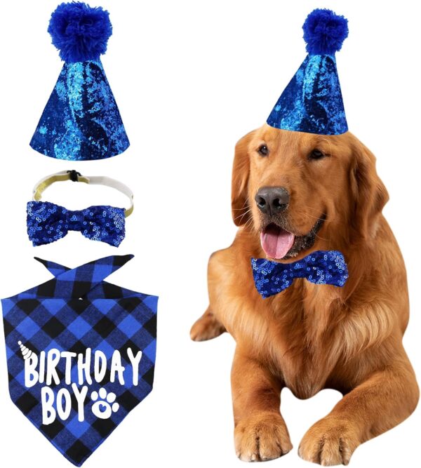 Dog Birthday Bandana Hat Bow Tie Set, Pets Birthday Party Supplies, Dog Birthday Bandana Dog Birthday Hat Dog Bow Tie, Birthday Decorations Great Puppy Dog Birthday Outfit Boy