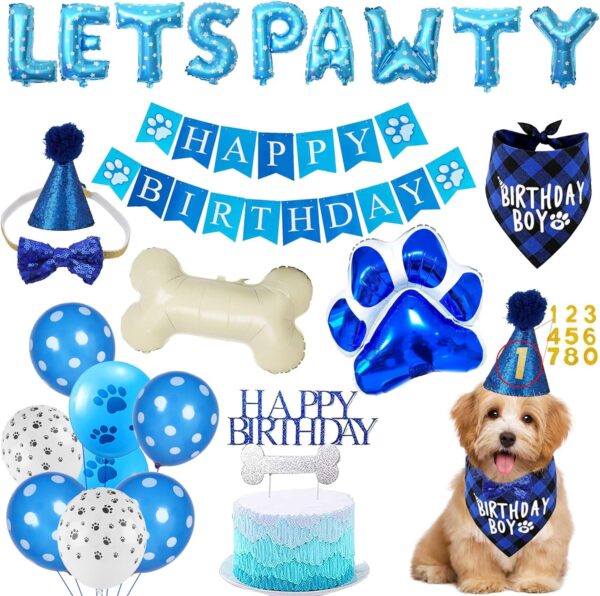 Dog Birthday Decorations, Dog Birthday Plaid Bandana Bow Tie Hat Happy Birthday Banner Lets Pawty Balloon Banner Bone Paw Foil Balloon Cake Topper Latex Balloons for Pets Dog Birthday Party Supplies