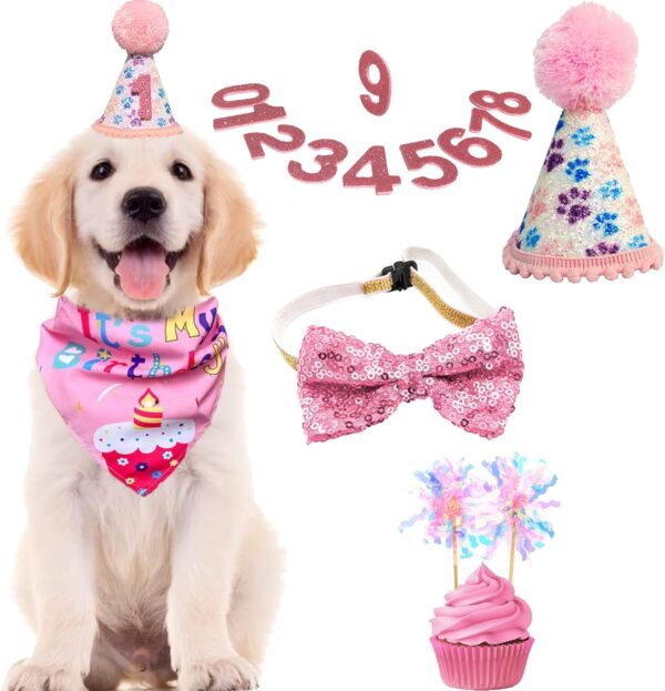 Dog Birthday Decorations Party Supplies - Pink Dog Birthday Set with Hat Pink Numbers Bandana Cake Topper Bow Tie for Girl Small Medium Pets Cats Dogs Happy Birthday Party Celebration Supplies