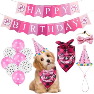 Dog Birthday Party Supplies Decoration,MOSNOW Pink Dog Birthday Set with Birthday Hat, bandana, Banner, Balloons and Bowtie, Dog Birthday Present for Most Pets