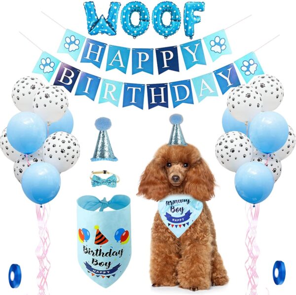 Dog Birthday Party Supplies,Dog Birthday Bandana Hat Set,Bandana, Happy Birthday Banner,Triangle Scarf,12 Inch Paw Print Balloon,Cute Bowtie for Pet Boy/Girl, Party Accessories (blue)