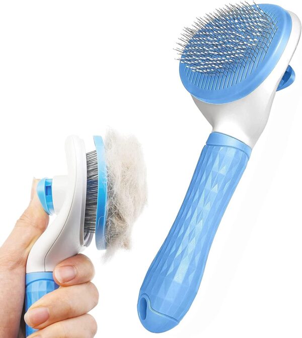 Dog Brush Cat Brush Grooming Comb,Self Cleaning Cat Dog Slicker Brushes with Smooth handle,Pet Grooming Tool with Cleaning Button for Cat Dog Shedding Tools Cat Dog Massage Clean Tangled Brush (Blue)