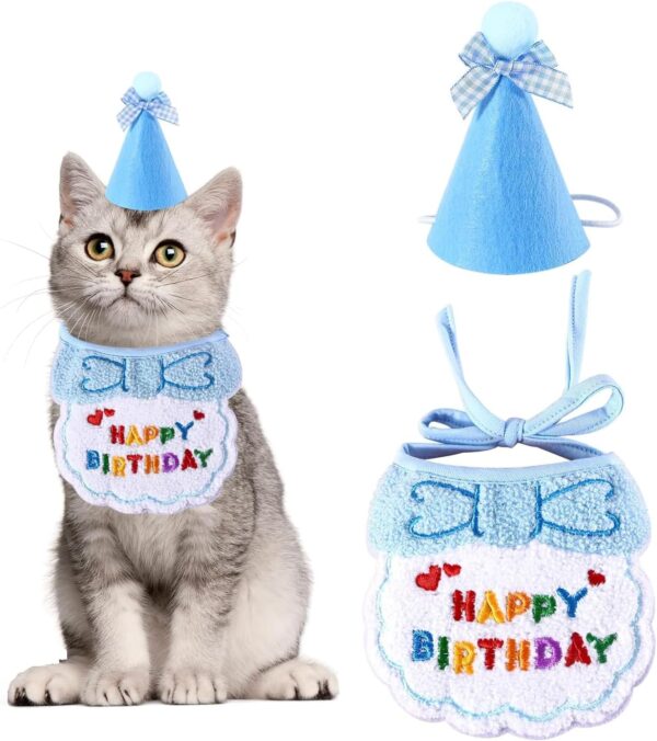 Dog Cat Birthday Hat Scarf, Cat Birthday Presents, Pet Birthday Bandana Party Supplies Embroidered Gift for Girls Boys Kitten Dog, Cute Puppy Birthday Decorations, Pet Costumes Headwear Accessories