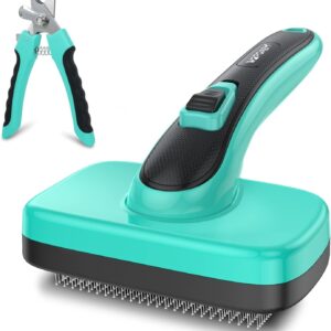 Dog Cat Self-Cleaning Slicker Brush + Nail Clippers Set for Shedding Grooming Long Short Hair. Safe Painless Bristles Removes Loose Fur, Undercoat, Mats, Tangled For Most Hair Types & Size Pet