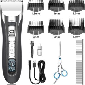 Dog Clippers, Professional Electric Pet Hair Clippers, Rechargeable Cordless Dog Grooming Kit Hair Clippers Trimmer Shaver Tool Variable Speed for Large Small Dogs Cats Pets with Thick to Heavy Coats