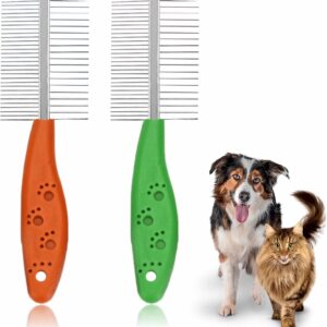 Dog Grooming Comb Heavy Duty Professional Shedding Brush Durable Dog Detangler Brush With Handle Pet Comb Metal Teeth Double Sided Fur Rake Tool Deshedding Comb Reusable Pet Trimmer Supplies (1Pc)