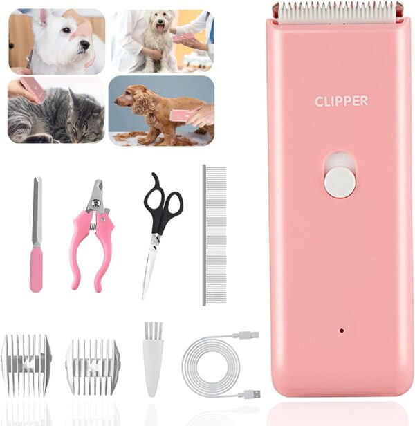 Dog Grooming Kit Electric Pet Paw Trimmer Low Noise Cordless Dog Clippers for Dog Cat Home Hair Grooming,Waterproof Pet Grooming Tools with 9-Pieces (Pink)