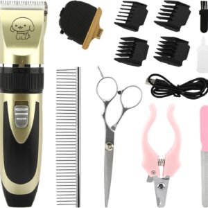 Dog Grooming Kit, Professional Low Noise Cordless Dog Clippers Rechargeable Cordless Hair Trimmer Tool with 4 Limit Brushes Comb and Attachments for Dogs, Cats and Other Pet Hair