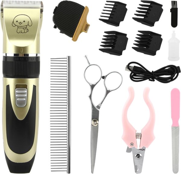 Dog Grooming Kit, Professional Low Noise Cordless Dog Clippers Rechargeable Cordless Hair Trimmer Tool with 4 Limit Brushes Comb and Attachments for Dogs, Cats and Other Pet Hair