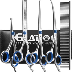 Dog Grooming Scissors Kit with Safety Round Tips, GLADOG Professional 6 in 1 Grooming Scissors for Dogs, Sharp and Heavy-duty Dog Grooming Shears for Dogs Cats Pets