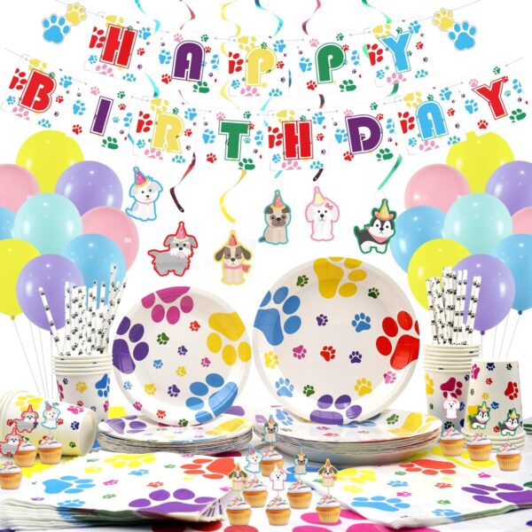 Dog Party Decorations - Puppy Dog Paw Party Supplies, Pawty Puppy Plates, Cups, Napkins, Tablecloth, Banner, Balloons, Cake Toppers for Doggy Tableware Birthday Party - Serves 20