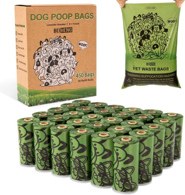 Dog Poo Bags - 450 Counts Biodegradable Thick Leak Proof Pet Poop Waste Bag Refill Rolls for 7 Month Supply, Lavender Scented