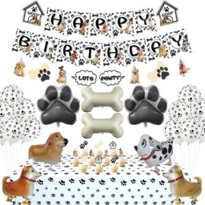 Dog Theme Party Decorations - HAPPY BIRTHDAY Dog Banner, LET'S PAWTY Bunting, Paw Tablecloth, Cake Toppers, 4 Walking Dog Balloons, 14 Paw and Bone Balloons Set for Doggy Puppy Kids Birthday Party (B)