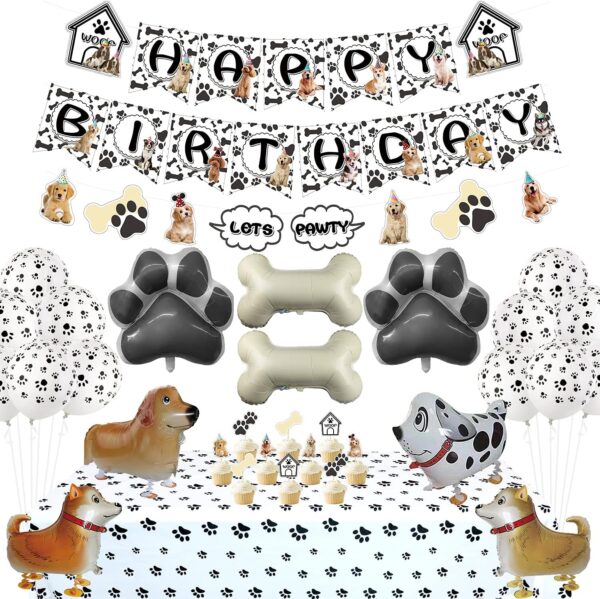 Dog Theme Party Decorations - HAPPY BIRTHDAY Dog Banner, LET'S PAWTY Bunting, Paw Tablecloth, Cake Toppers, 4 Walking Dog Balloons, 14 Paw and Bone Balloons Set for Doggy Puppy Kids Birthday Party (B)