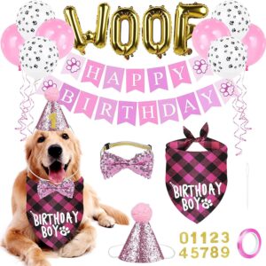 Dog and Cat Birthday Decorations Dog Birthday Party Supplies, First Birthday Dog Party Hat Cotton Bandana Elastic Bow Tie Sticky Number Happy Birthday Banner Woof Balloons for Small Medium Large Dogs