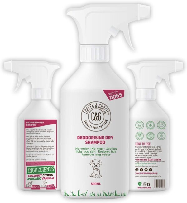 Dry Dog Shampoo Spray For Smelly Dogs - Wipe Clean Stain Remover - Cruelty Free Waterless Grooming Products Organic Odour Deodoriser Neutraliser - Best Fox Poo Cleaning Animal Wash (500ML)