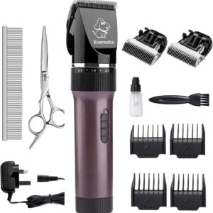 Everesta Dog clippers Low Noise Rechargeable Cordless Pet Dogs and Cats Electric Grooming Clippers Kit with Shears and Comb (Coffee)