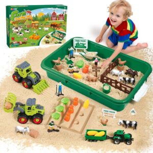 FRUSE Play Sand Farm Animal Toys,Sand Box Toys Set for Toddlers w/1 KG Magnetic Sensory Sand, Farm Toy Figures and Tractor Truck Playset,Sensory Sandbox with Cover for Boy Girl Kid Age 3 4 5 6 7 8 9