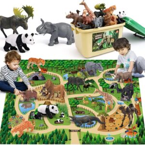 FRUSE Safari Animals Figures Toys w/ 145x98cm Jumbo Play Mat,12PCS Realistic Jungle Wild Zoo Animals Figurines Playset with Panda,Lion,Elephant,Educational Learning Toys Gifts for Toddlers Kids