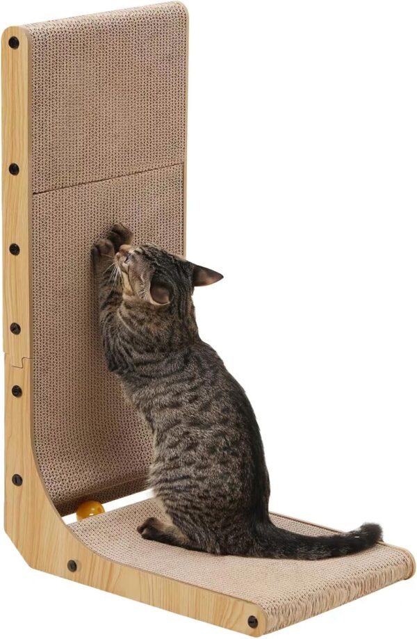 FUKUMARU Cat Scratcher, 68 cm L Shape Cat Scratch Pad Wall Mounted, Cat Scratching Cardboard with Ball Toy for Indoor Cats