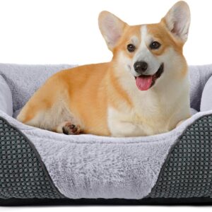 FURTIME Medium Dog Bed Pet Bed, Washable Dog Bed Medium with Non-slip Bottom, Calming Dog Bed Pet Beds For Small Medium Dogs, Corgi, Teddy, Chihuahua And French Bulldog, Grey, 63×53×20 cm