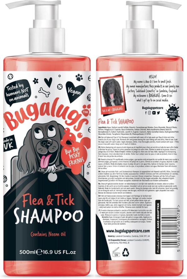 Flea and Tick Dog Shampoo by Bugalugs, Works on Smelly Puppies & Dogs, Contains Neem Oil & Eucalyptus Oils, PH Balanced Vegan Pet Shampoo, Used by Professional Groom